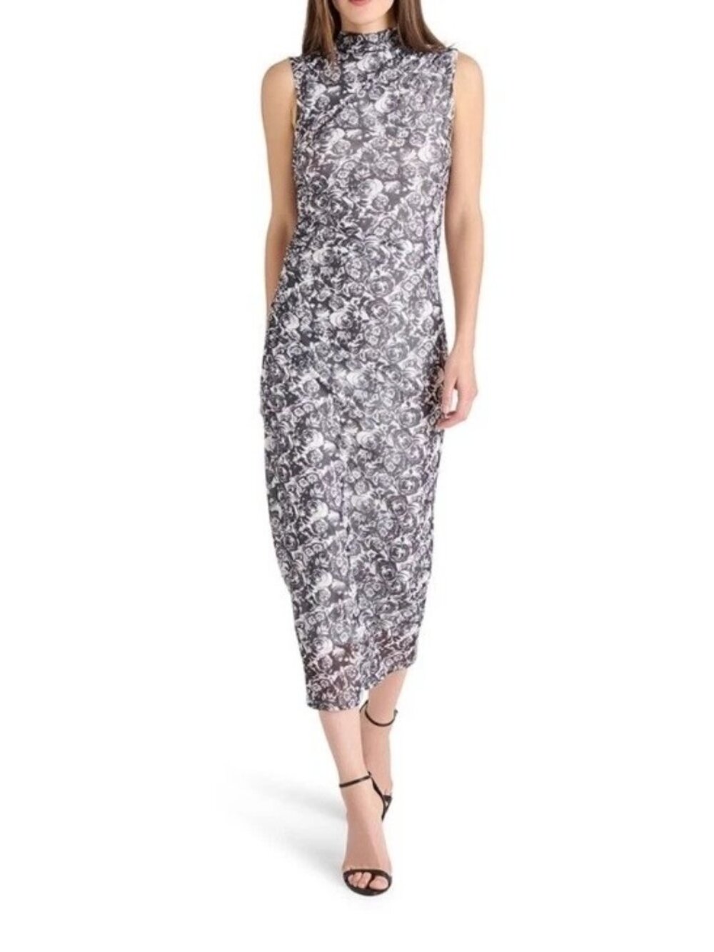 Betsey Johnson Black White Floral Sleeveless Mesh Ruched Midi Dress Sheath XL